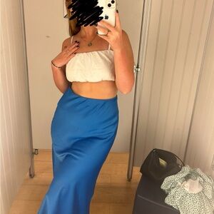 Blue Satin Midi Skirt